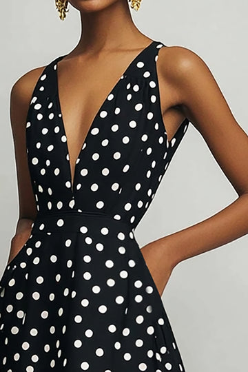 A Line Black White Polka Dot Midi Graduation Dress